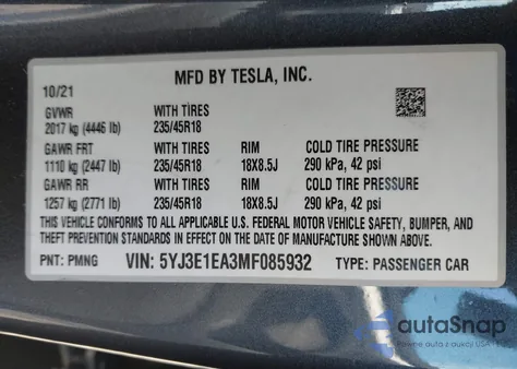 2021 Tesla Model 3 Standard Range Plus Rear-Wheel Drive from USA, damaged, VIN 5YJ3E1EA3MF085932